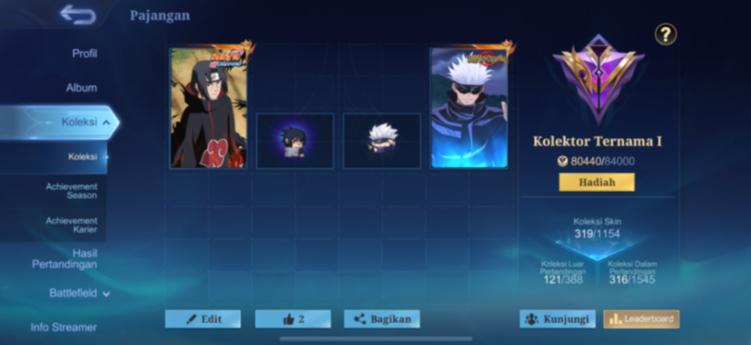 Akun Mobile legends, Skin itachi, Gojo dll